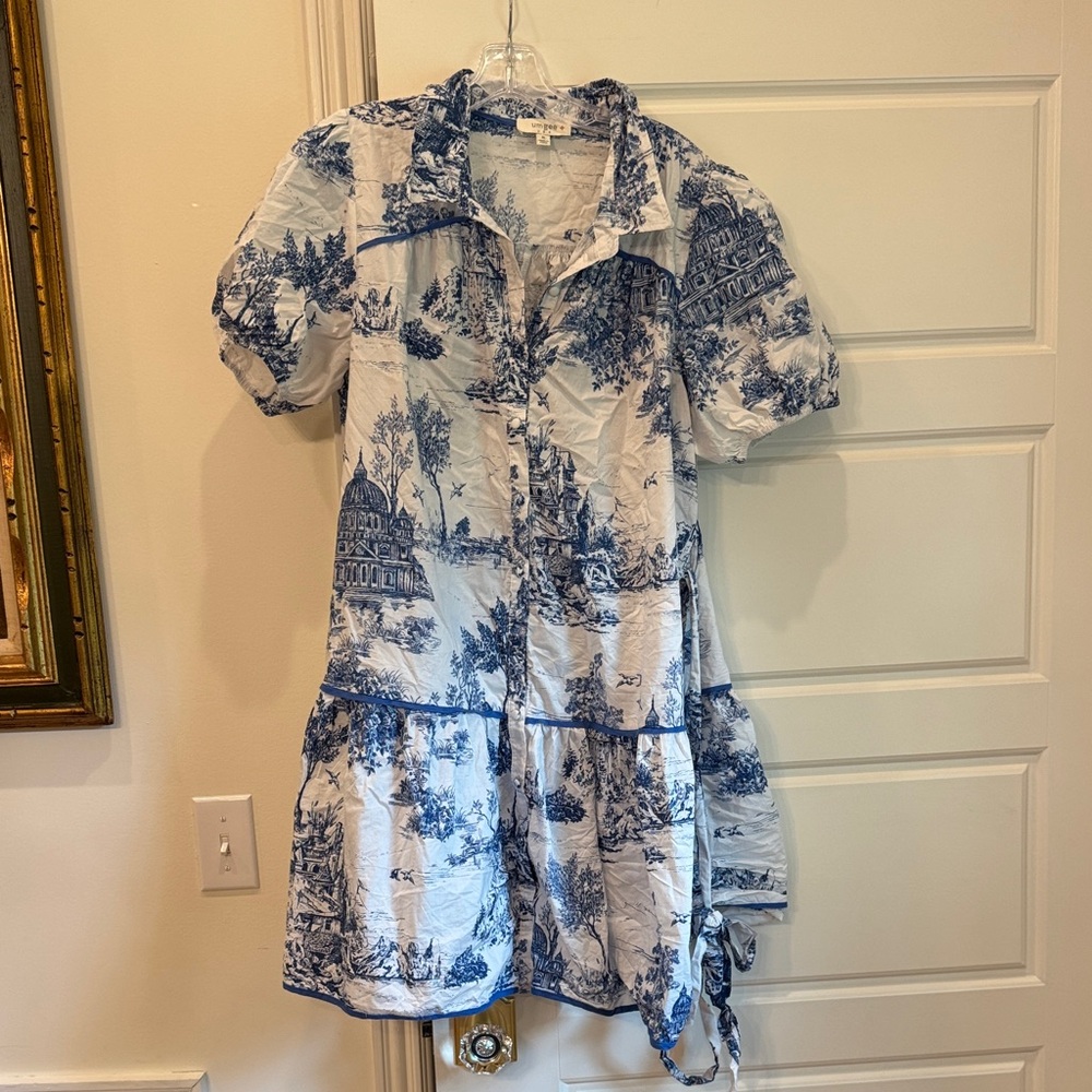 Umgee Blue and White Toile Print Dress